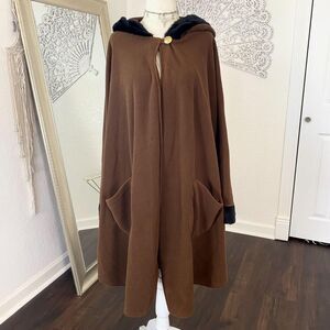 Boho Whimsygoth Dark Brown Fleece Oversized Black Faux Fur Poncho Cape OS